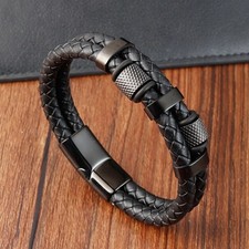 Men's Leather Rope Bracelet Stainless Steel Magnetic Buckle Braid Jewelry