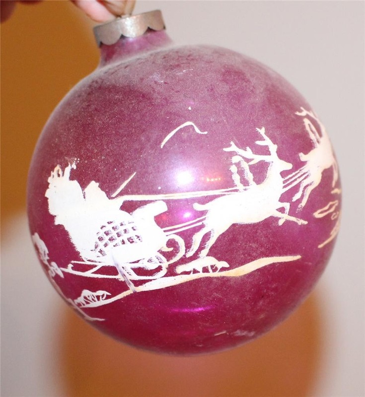 Large Shiny Brite Red Stencil Ornament 4" Santa in Sleigh White Mica