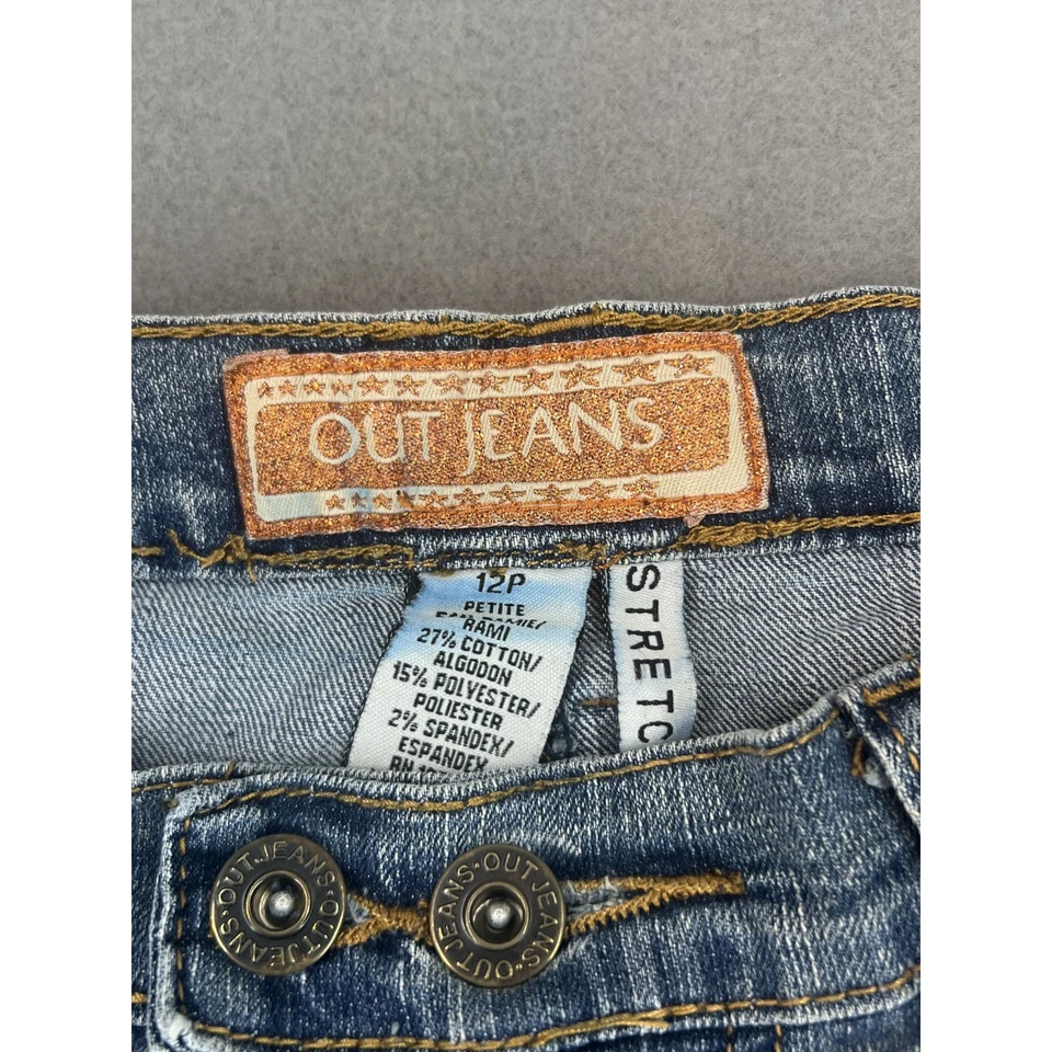 Pantalones capri de mezclilla OUT para mujer 12P pequeños bolsillos bordados con puños azules Foto 2 de 4