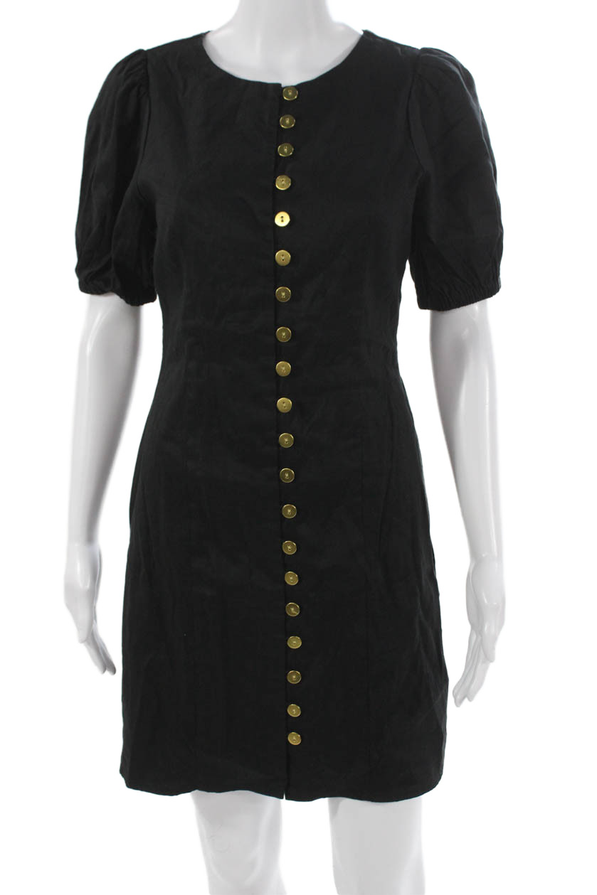 J Crew Womens Black Linen Mini Short Sleeve Dress Round Neck Button Size 2Free Shipping in US $100+ Orders | $6.95 Orders Below