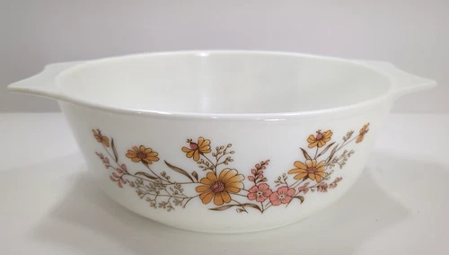 Vintage PYREX ENGLAND Handled 8" Bowl Woodland Country Autumn Orange & Pink 54C