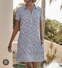 Garnet Hill Linen Shirt Dress Blue White Floral Short Sleeve Pockets XL