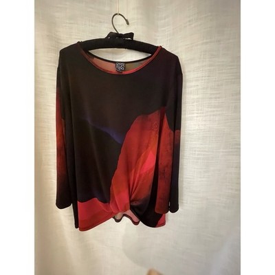 Clara Sunwoo Twist Front Abstract Top XL Black Red Bell Sleeve Made in USA