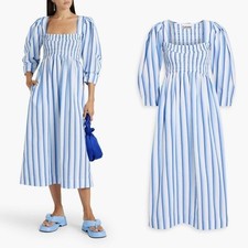 GANNI Blue Striped Cotton Smock Midi Dress Size 2 NWT – $395 Retail