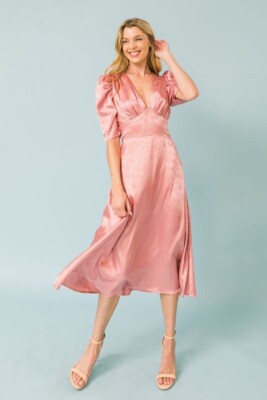 Satin Baby Pink Puff Sleeve Midi Dress with side zipper | eBay