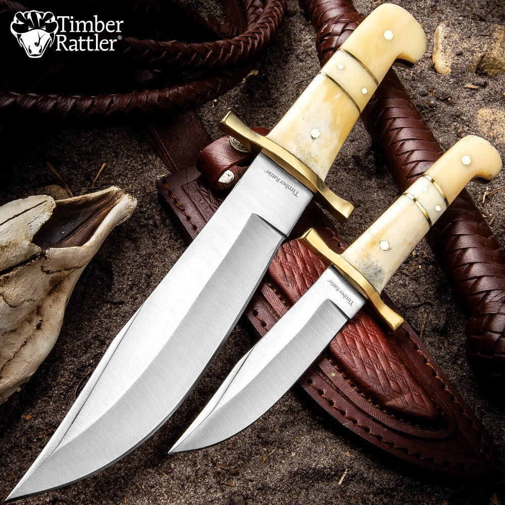 Timber Rattler 2-Piece Bowie Knife Set | Camel Bone Handles | 12