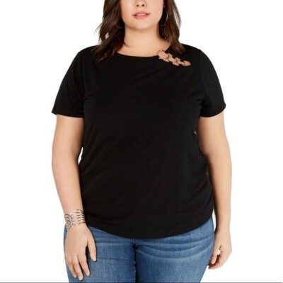 I-N-C Women s Black O-Ring Embellished T-Shirt 1X