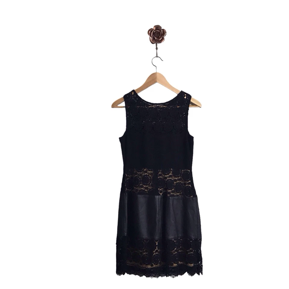 Vestido Vaina Bailey 44 Pequeño Negro Cuero y Encaje LBD Cóctel Fecha Noche Foto 2 de 4