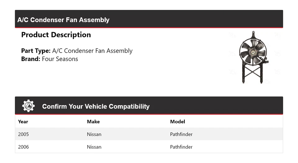 Conjunto de ventilador condensador aire acondicionado Nissan Pathfinder 2005-2006 4 estaciones Foto 2 de 4