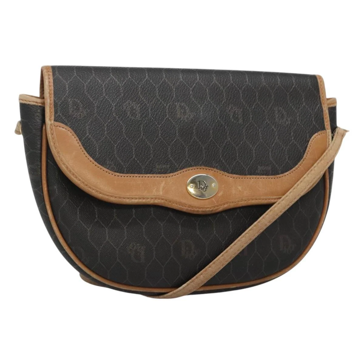 Christian Dior Honeycomb Canvas Shoulder Bag PVC Leather Black Auth ti2905