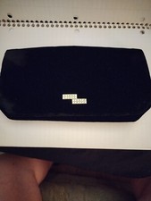 Vintage Black Velvet Clutch Evening Bag w/ White stone accents Snap closure VG