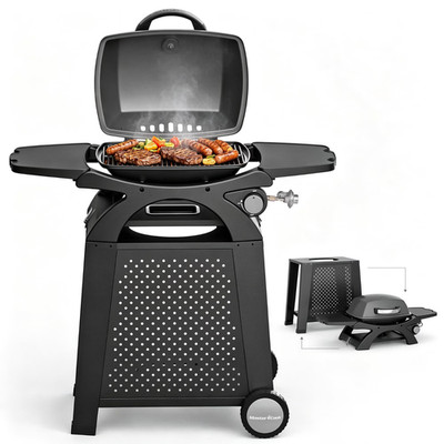 MASTER COOK Propane Gas Grill, Portable Tabletop BBQ Grill with Cart for Patio