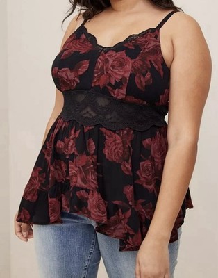 NWT Torrid Babydoll Gauze With Lace Inset Cami Black Red Roses Sz 2 2X Y2K Boho