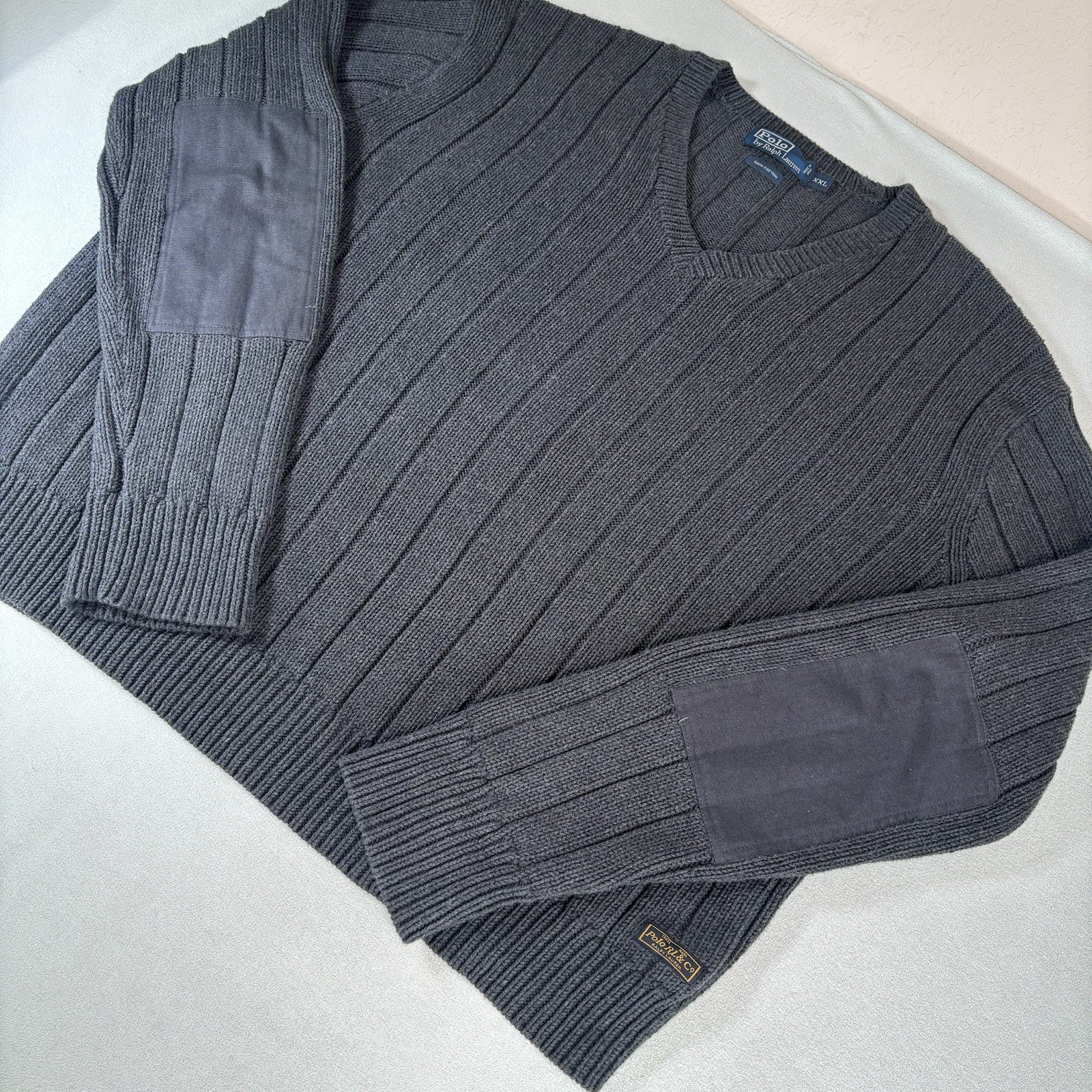 Vintage Polo Ralph Lauren Men XXL Ribbed Knit Sweater Gray V-Neck Elbow Patches