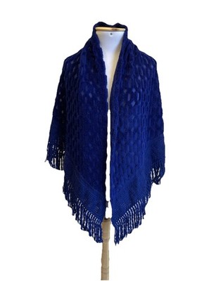 Lanvin Paris Blue Shawl Wrap Fringe Scarf Made in France Oversized Vintage #A5