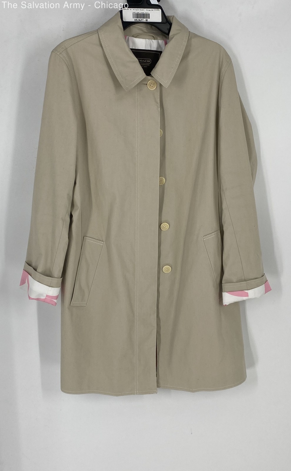 Coach Womens Khaki Collared Long Sleeve Button Front Trench Coat Size Large