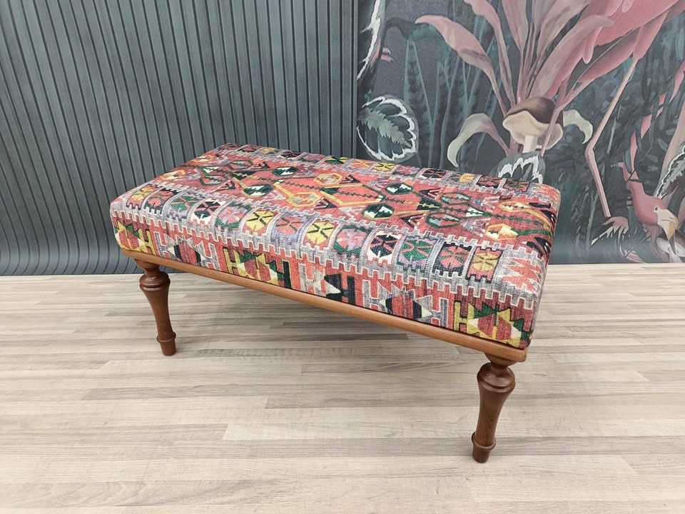 Kilim Pattern Upholstered Bench Wood Work Bench Turkish Rug Bench Boho Bench - Image 3 of 4