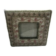 Boho Picture Photo Frame Seed Beads Green Fabric 6"x6" Square