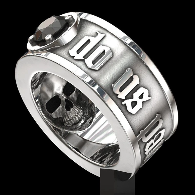 Anillo de calavera de acero inoxidable para hombre hasta que la muerte nos separe banda gótica de diamantes Foto 2 de 4