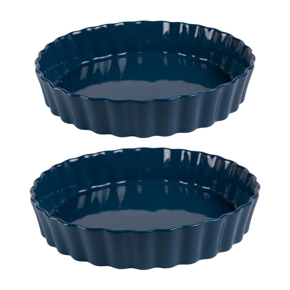 Plat à tarte en grès bleu Table Passion en lot de 2 pièces artisanales
