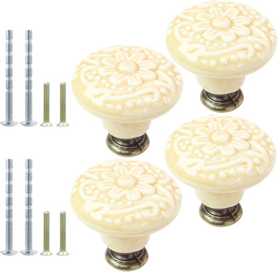 4pcs Beige Ceramic Knobs, Vintage & Retro Kitchen & Dresser Knobs, Decorative Dr