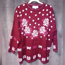 Vintage Red Sweater with Heart and Rose Pattern Size 22 P2P 25 Length 29.5