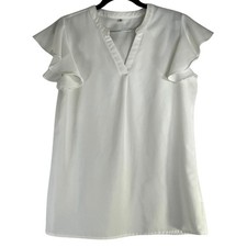 White V-Neck Ruffle Cap Sleeve Blouse Size Small