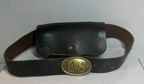 Civil War  Leather Ammo Pouch with Brass US Buckle And Belt