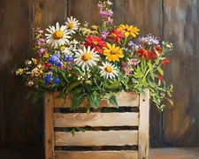 Wooden crate pot with wildflowers oil painting 8x10 Print