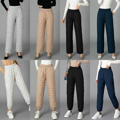 Women Warm Pants Winter Padded Quilted Thermal Trousers Elastic Waist Two  Types