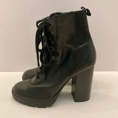 Steve Madden Damenstiefel 9M "Latch" schwarz Leder Schnürung Reißverschluss Blockabsatzsohle - Bild 4 von 12