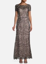 JS COLLECTIONS Black Pink Embroidered Floral Lace Nude Illusion Trumpet Gown 4