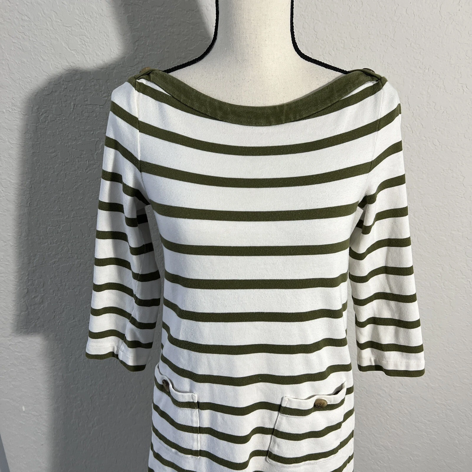 Abito Kate Spade Havana taglia small verde oliva a righe 3 4 maniche 100% cotone