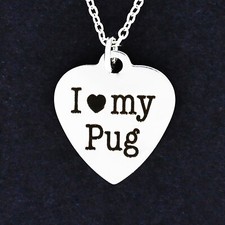 I LOVE MY PUG Heart Necklace - Large Stainless Steel Dog Pet Puppy Short Nose