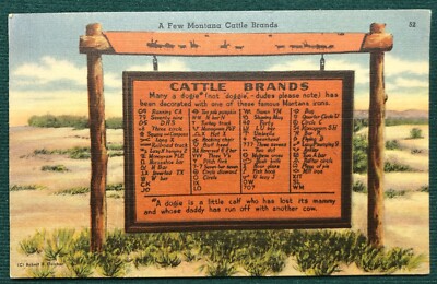 c1940s Montana Cattle Brands Ranch Sign Linen Postcard, Cowboy Western Range