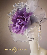 Aimee Fuller Bridal Fascinator Hat Gray Silver Purple Rose Floral Kentucky Derby