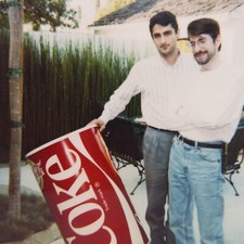 Vintage Polaroid Photo Cute Men Posing Giant Cola Soda Can Found Art Snapshot