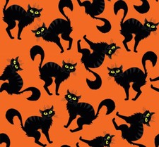 Halloween Creepy Black Cats on Orange 100 Cotton Fabric