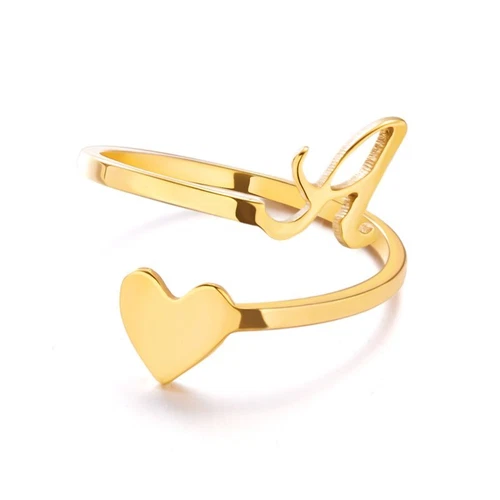 Stainless Steel 26 A-Z Initial Letters Heart Ring Adjustable Jewerly Women Gift