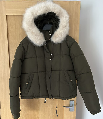 Women's Topshop UK 10 Khaki Green Faux Fur Lined Hooded