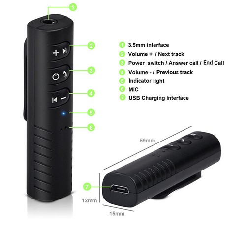 Wireless Bluetooth Receiver Audio Music Car AUX 3.5mm Adapter Cable Android - Picture 2 of 6