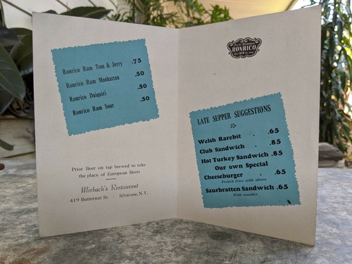 1940's Mirbach's Restaurant Syracuse New York Vintage Ronrico Drinks Menu Mailer - Picture 4 of 8