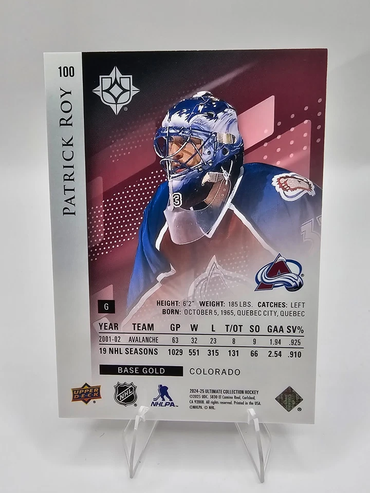 2024-25 UD Ultimate Collection Patrick Roy Base Oro/99 Colorado Avalanche Foto 2 de 2