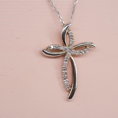 Sterling Silver 925 CZ Pave Cross Pendant Necklace Open Loop Ribbon Italy 18in