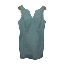LAUREN JAMES Seersucker V Neck Sleeveless Sheath Dress Women Medium Lined
