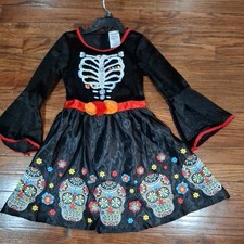 Girls Day of the Dead Skeleton Dress Size 5-6 Skull Print Halloween Costume