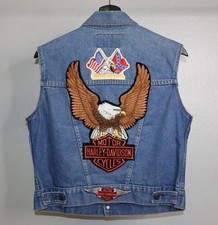 Vintage 70s Levi s Orange Tab Denim Biker Vest L Harley Davidson Patches USA