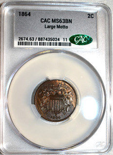 CACG MS 63 BN 1864 Two Cent Piece Richly Hued w/ Ample Reverse Red!