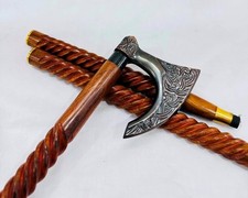 Vintage Viking Axe Handle Walking Cane Handmade Wooden Walking Stick 36 Inch