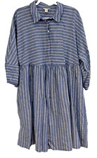Caslon Shirt Dress Women's Large 3/4 Sleeve Blue Stripe Pockets Linen Blend NEW